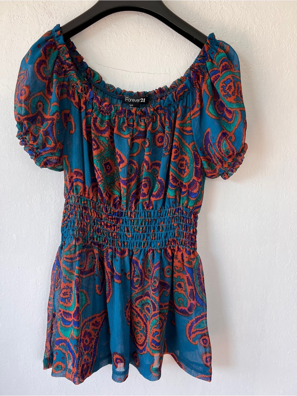 Forever 21 Teal Paisley Off-Shoulder Blouse with Orange & Purple Accents